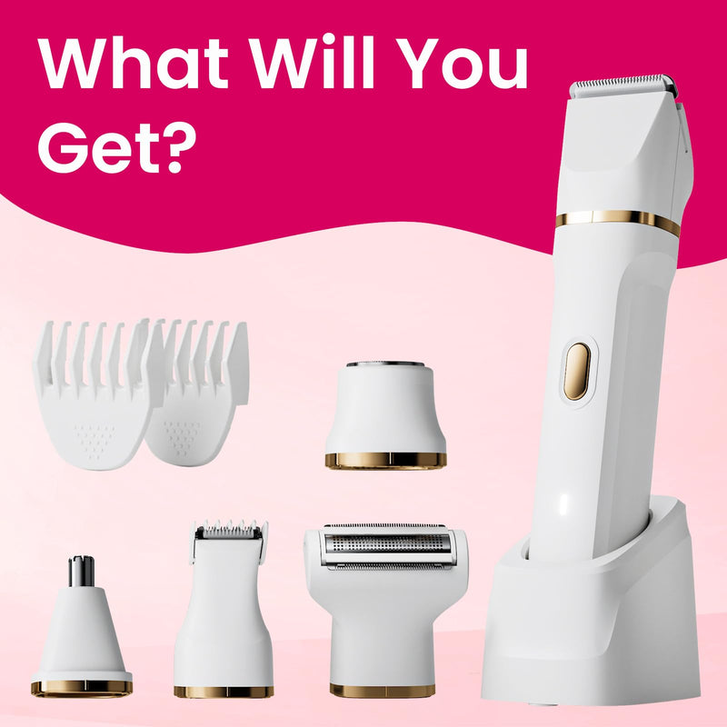 Electric Razors for Women, 5-in-1 Wet/Dry Bikini Trimmer with USB Charge Dock, Deluxe Facial Hair Removal, Wet/Dry Body Shaver for Nose Eyebrows Beard Underarm Leg Arm, IPX7 Waterproof (White) White