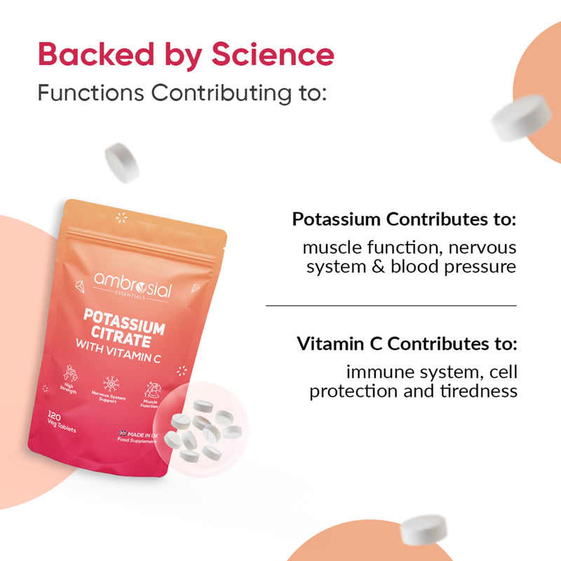 Ambrosial Potassium Citrate 1380 mg with Vitamin C 80 mg – High Strength Potassium Supplements for Women & Men – Vegan, Gluten-Free, GMP-Certified, 120 Tablets (2 Months)