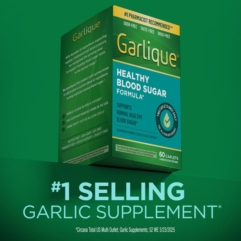 [Australia] - Garlique Garlic Extract Supplement, Healthy Blood Sugar Formula, 6000 mcg allicin, Odorless & Vegan, 60 Caplets 
