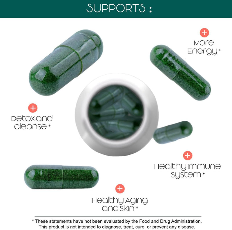 [Australia] - Organic Spirulina and Chlorella Capsules – 180 Chlorophyll Pills, Blue Green Algae Powder Capsules to Support Detox, Mitochondria & Energy– 3X More Chlorella Spirulina Powder/Serving 