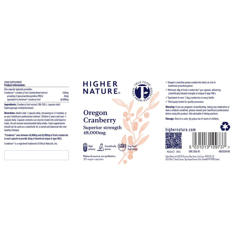 Higher Nature Oregon Cranberry Tablets - 48,000mg Superior Strength - UTI Support for Women & Men - True Food® Formula - High Strength Cranberry Concentrate 200x - Sugar Free - 30 Capsules 30 count (Pack of 1)