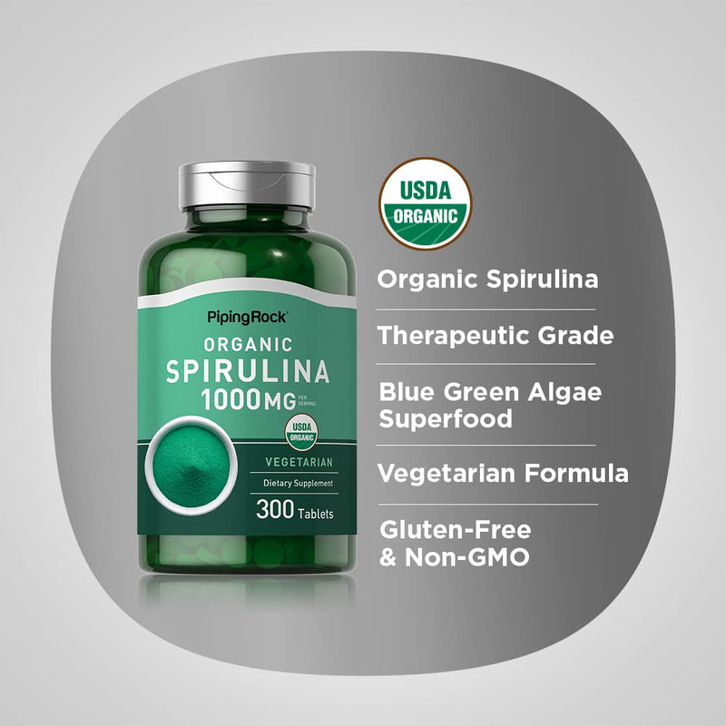 [Australia] - Piping Rock Organic Spirulina | 1000mg | 300 Tablets | Arthrospira Platensis | Vegetarian, Non-GMO, Gluten Free Supplement 