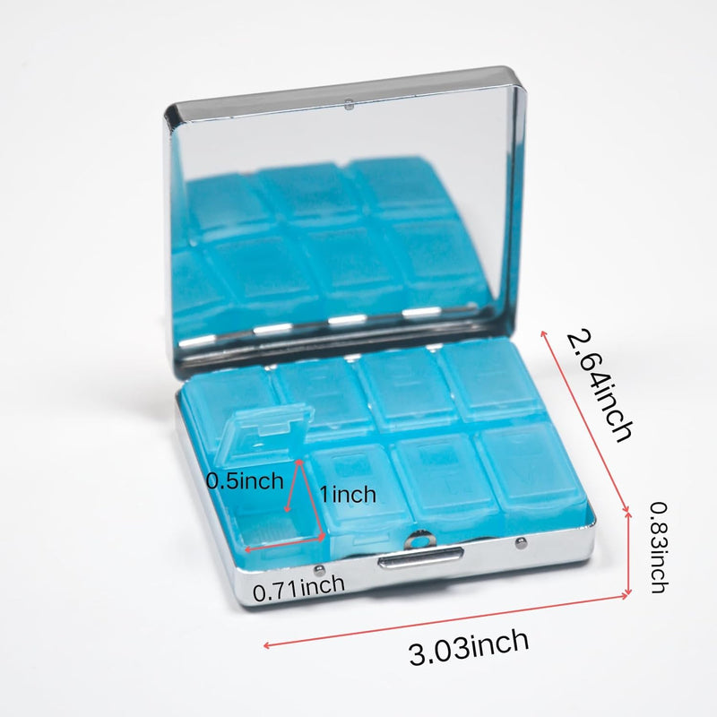 7 Days Chromed Shiny Silver Pill Organizer with Mirror Inside Has 8 Separate Compartments Rectangle,Versatile Storage for Medication - Ideal Travel Accessory (By the Beach) By the Beach