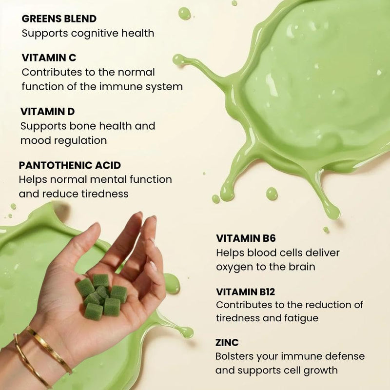 Super Greens Gummies | with Zinc, Vitamin B12, B6 & Vitamin C, D | Greens Supplement Multivitamin Gummies Made with 20+ Fruits & Veggies | Gluten-Free, Sugar-Free & Vegan (Green Apple) Green Apple