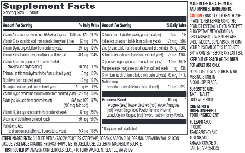 Amazon Basics Men’s One Daily Multivitamin, 62% Whole Food Cultured, Vegan, 65 Tablets, 2 month supply, Packaging May Vary (Previously Amazon Elements) Mens One Daily 65 Count (Pack of 1)