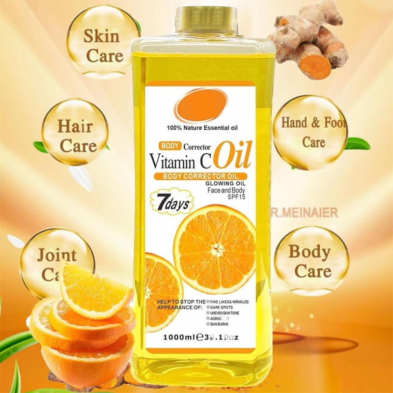 Vitamin C Body Oil, 1000ml Tumeric Body Oil, Retinol Vitamin C 7days, Vit C Body Corrector Oil for Uneven Skin Tone (1000ML VC) 1000ML VC