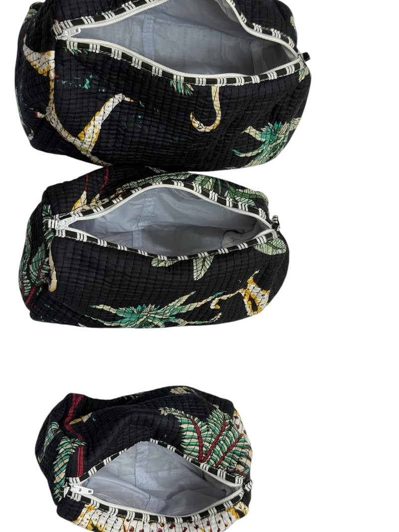 Cotton Hand Block Floral Print Toiletry Bag for Women, Makeup Cosmetic Organizer, Travel Accessories Set of 3 (black-jungle) black-jungle
