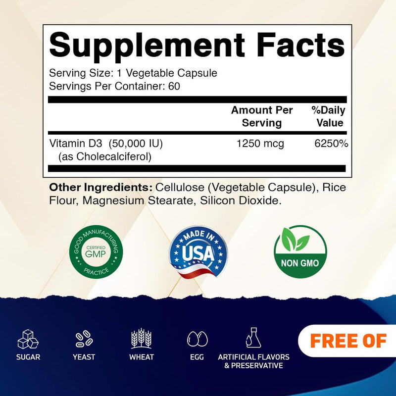 [Australia] - Vitamatic Vitamin D3 50,000 IU (as Cholecalciferol), Once Weekly Dose, 1250 mcg, 60 Veggie Capsules 1 Year Supply, Progressive Formula Helping Vitamin D Deficiencies (60 Count (Pack of 1)) 60 Count (Pack of 1) 