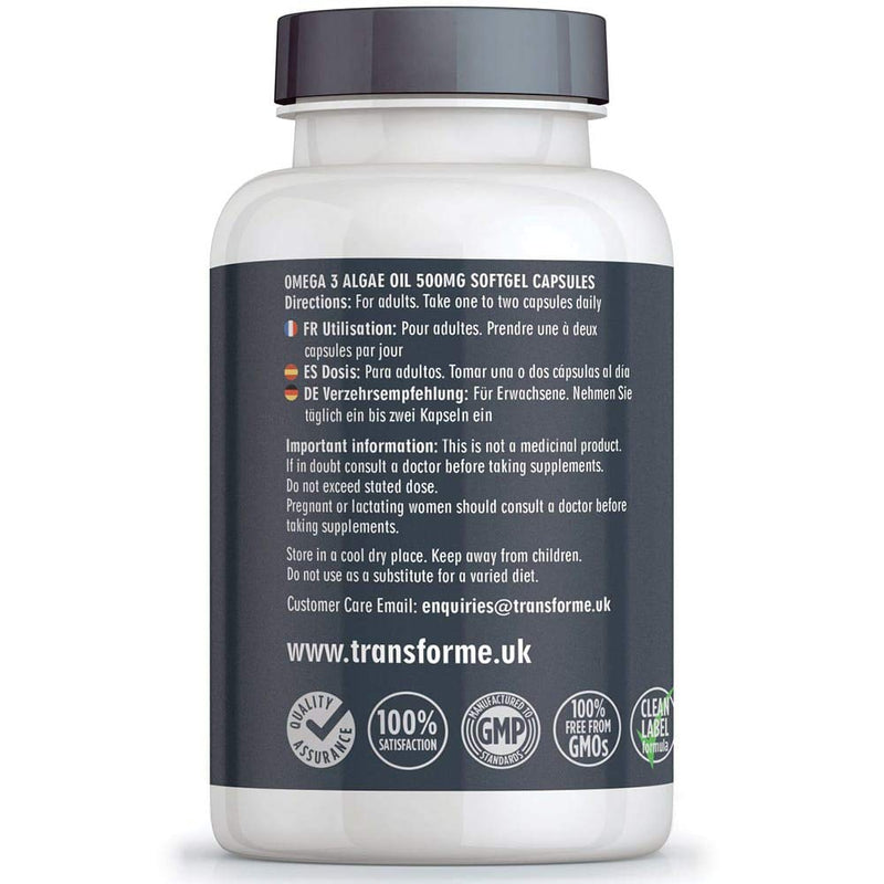 Transforme Vegan Omega 3 Algae Oil with Vitamin E, 60 Rapid Absorption Capsules, Marine Algal Oil DHA, Easy to Swallow Softgels, Vegetarian Plant Source Essential Fatty Acids