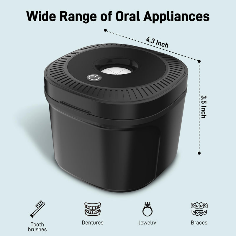 [Australia] - Ultrasonic Retainer Cleaner, Dental Cleaning Pod with U-V Lights, 45kHz Retainer Cleaner Machine for Dentures, Toothbrush Heads, Jewelry, Aligner, Night Mouth Guards (Black) Black 