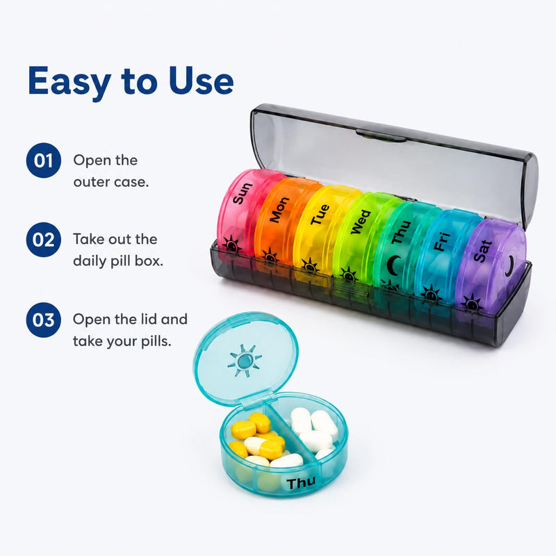 7-Day Travel Pill Organizer, 14 Compartments, Moisture-Proof, Black with Rainbow Lids, AM PM Pill Box for Vitamins, Medication & Supplements
