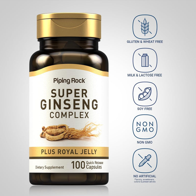 Piping Rock Ginseng Supplement | 100 Complex Capsules | with Royal Jelly | Non-GMO and Gluten Free Supplement
