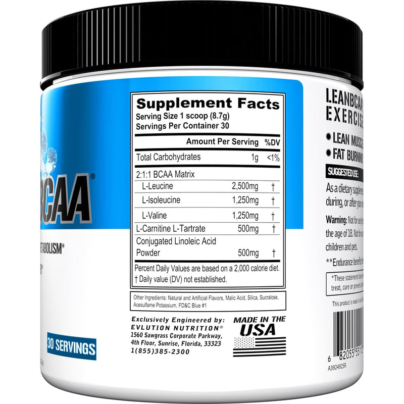 Evlution EVL LeanBCAA Powder with CLA & Carnitine - 30 Servings - Blue Raz | Stim Free - Amino Acids with CLA Carnitine - 2:1:1 Branched Chain Amino Acids Supports Muscle Recovery Fat Burn & Metabolism