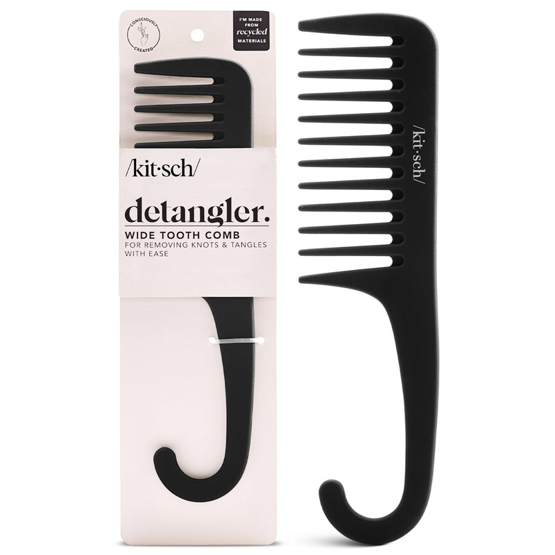 Kitsch Wide Tooth Detangler Comb - Curved Handle for Curly, Wet & Thick Hair, Black Shower Comb for Women Wide Tooth Comb
