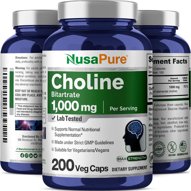 [Australia] - NusaPure Choline Bitartrate 1000 mg 200 Veggie Capsules (Vegetarian, Non-GMO) 