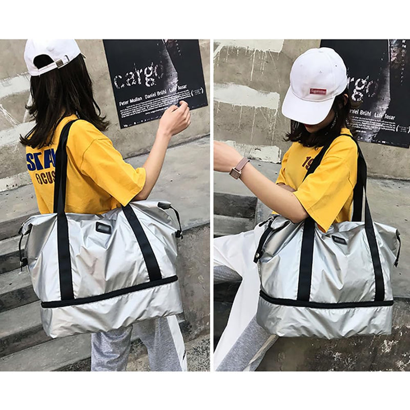 Womens Travel Weekender Bag Duffle Bag Overnight Bag with Shoe Compartment Carry-on Bag Sports Tote Gym Bag (Silver) Silver