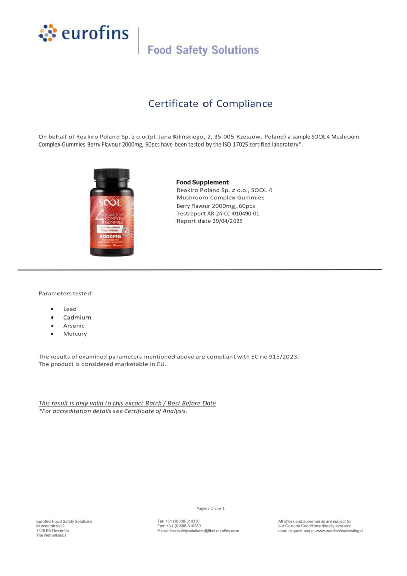 SOOL 4 Mushroom Complex Gummies 2000mg, 60pcs, Berry Flavour: Chaga, Reishi, Shiitake, Lions Mane Supplement | Nootropics Gummies High Strength | Memory & Focus, Energy, Immunity Booster Supplement 60 count (Pack of 1)