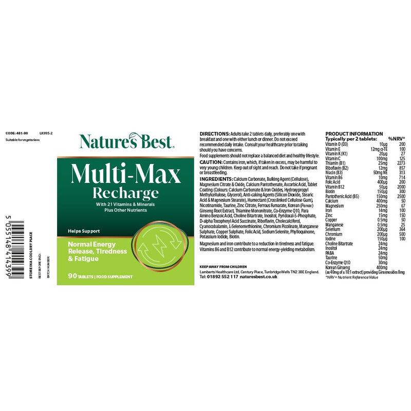 Nature's Best Multi-Max Recharge Multivitamin - with Vitamin B, C and Zinc - Energy & Immune Support - UK Made - 90 Tablets (1 Month's Supply)