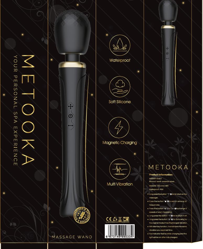 Therapeutic Cordless Massager - IPX6 Waterproof Powerful Massage Tool Handheld 8 Speeds 20 Patterns - Rechargeable Hand Massagers for Sore Muscles - Hand Held Massage Tool for Neck & Back Black