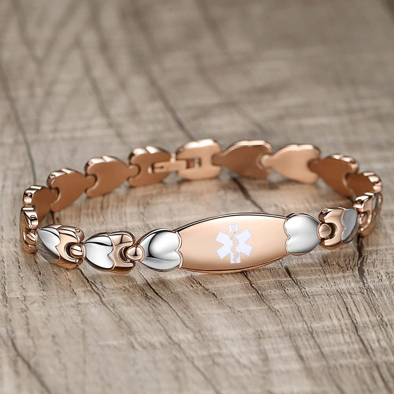 [Australia] - LinnaLove Double Heart Medical id Bracelet for Women 7 1/2 inches Fashion Stainless steel Medical alert bracelets type 2 diabetes rose gold-type 2 diabetes 