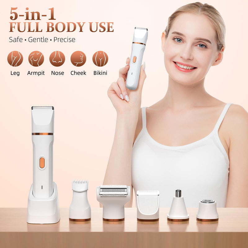 [Australia] - 5-in-1 Bikini Trimmer for Women, IPX7 Waterproof Electric Razors Shaver, Cordless Body Hair Trimmer, Facial & Pubic Hair Removal, Ceramic Blade (White) A-white 