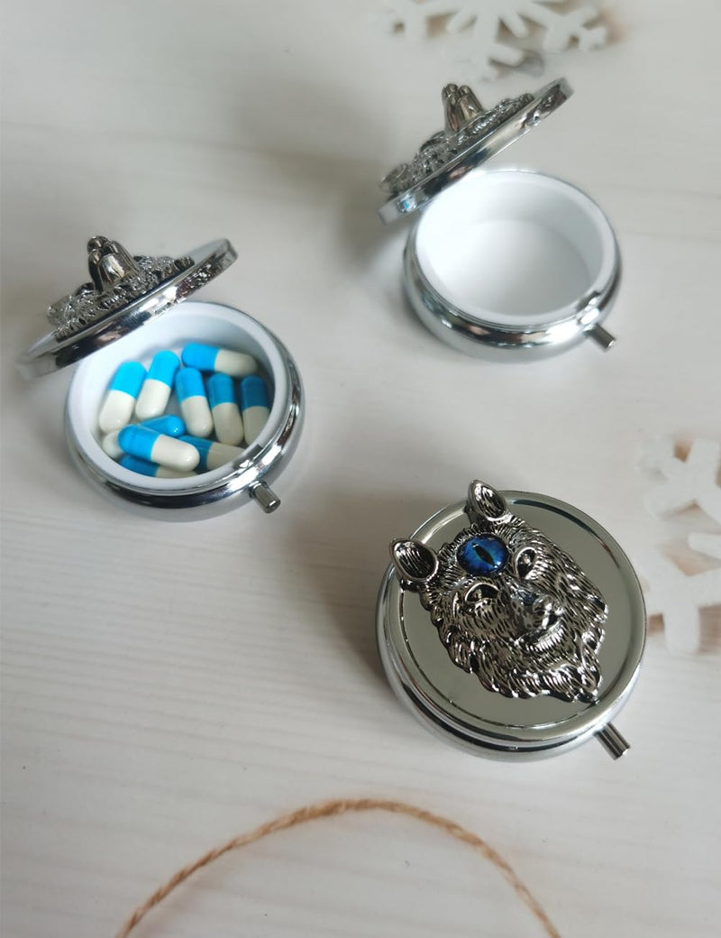 Pill Case with Wolf Head Sign Pill Box, Weekly Travel Pill Organizer | Small Pill Box for Purse, Cute Metal Pill Box Compact Portable Medicine Box, vitamin pill box organizer mini pill case Silver