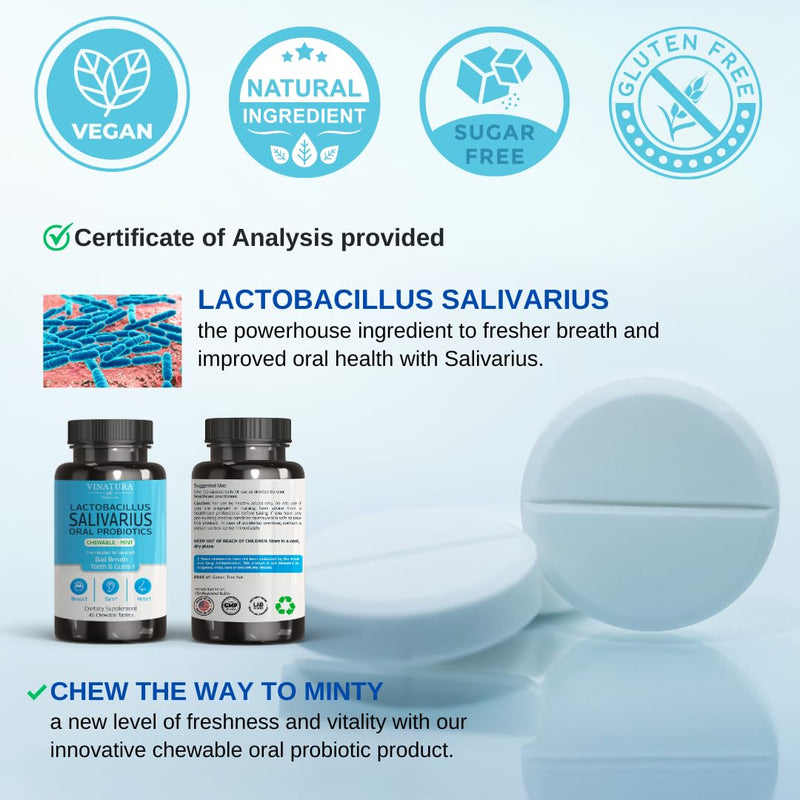 [Australia] - VINATURA Lactobacillus Salivarius Oral Probiotics - Mouth Bad Breath Treatment for Adults, Dental probiotics for Teeth and Gums, Throat, Ear, Nose - 45 Chewable Mint Tablets 