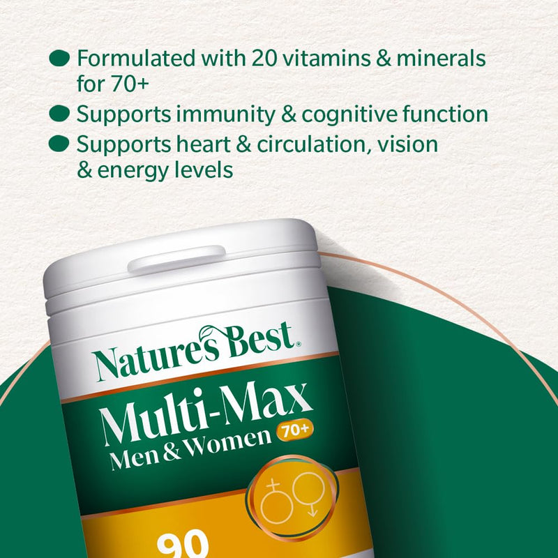 Nature's Best Multi-Max Multivitamin for Age 70+ - Advanced Support with Vitamin C, D and Calcium for Immune Support & Bone Health for Seniors - UK Made - 90 Tablets (3 Months' Supply) 90 count (Pack of 1)
