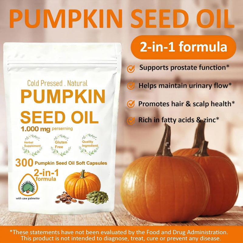 300 Pumpkin Seed Oil Soft Capsules - Cold Pressed Lock Nutrition, 2-in-1 Formula Contains Unsaturated Fatty Acids, Added Pumpkin Seed Extract, Beneficial for Health, Non GMO, Gluten Free.