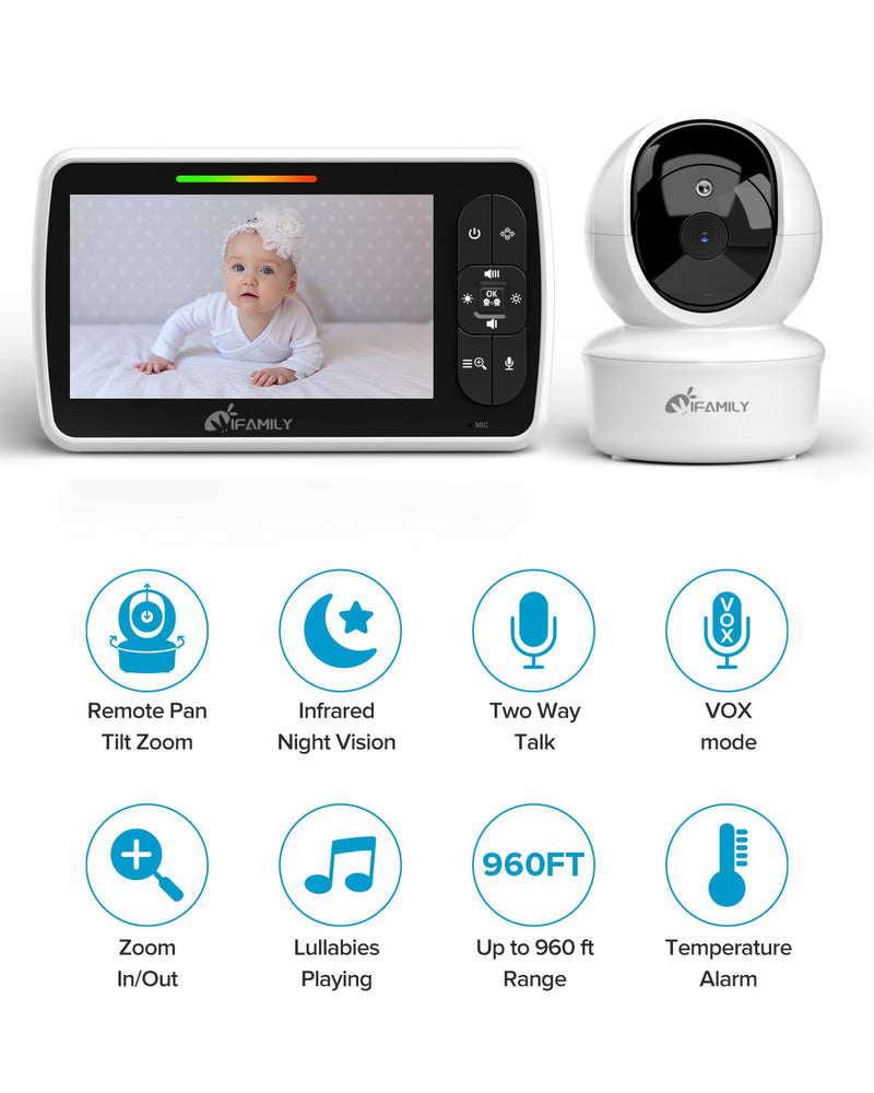 [Australia] - iFamily Baby Monitor - Large 5" Screen with 30Hrs Battery Life - Remote Pan-Tilt-Zoom;No WiFi, Two-Way Audio, Night Vision, Temperature, Lullabies, 960ft Long Range Baby Monitor with Camera and Audio 1 Camera 