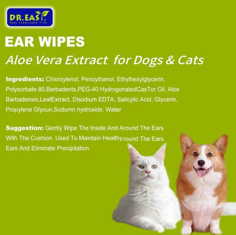 Dr.Easy Pet Ear Grooming Wipes 120ct for Dogs &Cats Fragrance Free,Helps Dissolve Wax Build-Up and Control Ear Odor,flushable & Compostable,Stop Ear Itching Natural Cleansing (120ct) - PawsPlanet Australia