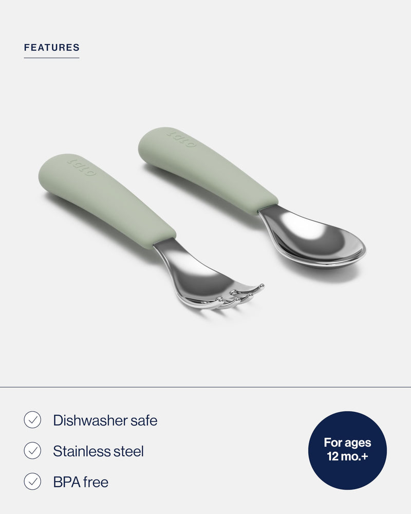 [Australia] - Lalo Utensils - Toddler Fork and Spoon Set - Stainless Steel and Silicone Ergonomic Toddler Utensils - Children Safe Flatware Set - 2 Pieces - Sage 