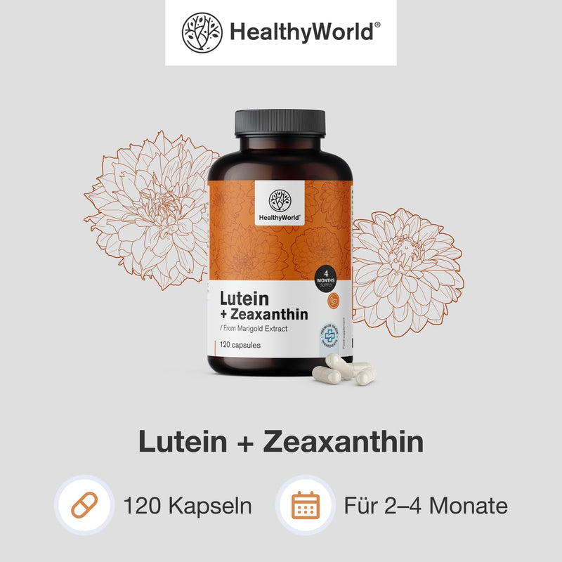 [Australia] - HealthyWorld® Lutein + Zeaxanthin - 120 vegetable capsules - 2 natural carotenoids - 32 mg lutein and 2 mg zeaxanthin per daily dose - for 2-4 months - support for vision and eyes 