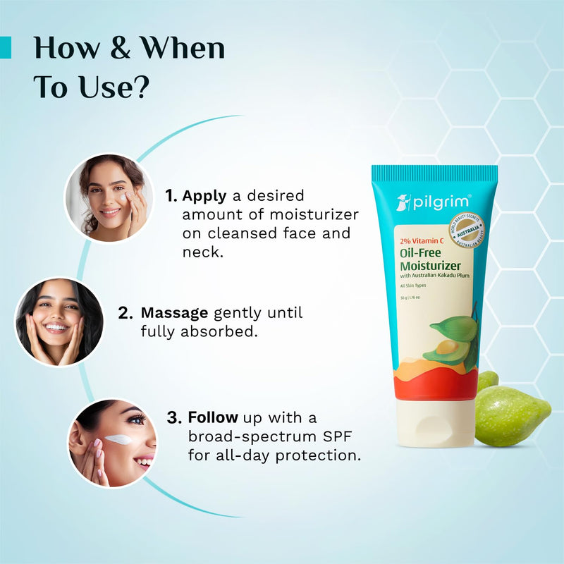 Pilgrim 2% Vitamin C Oil-Free Moisturizer with Australian Kakadu Plum | Lightweight Hydrating Face Cream for Oily & Combination Skin | Non-Greasy Daily Use | 1.76 Oz (50g)