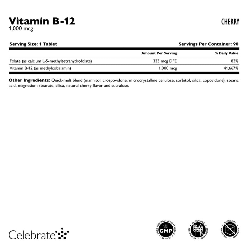 Celebrate Vitamins B-12 Quick Melt 1000 mcg with Folic Acid – 90 Tablets for Energy & Metabolism Support Cherry