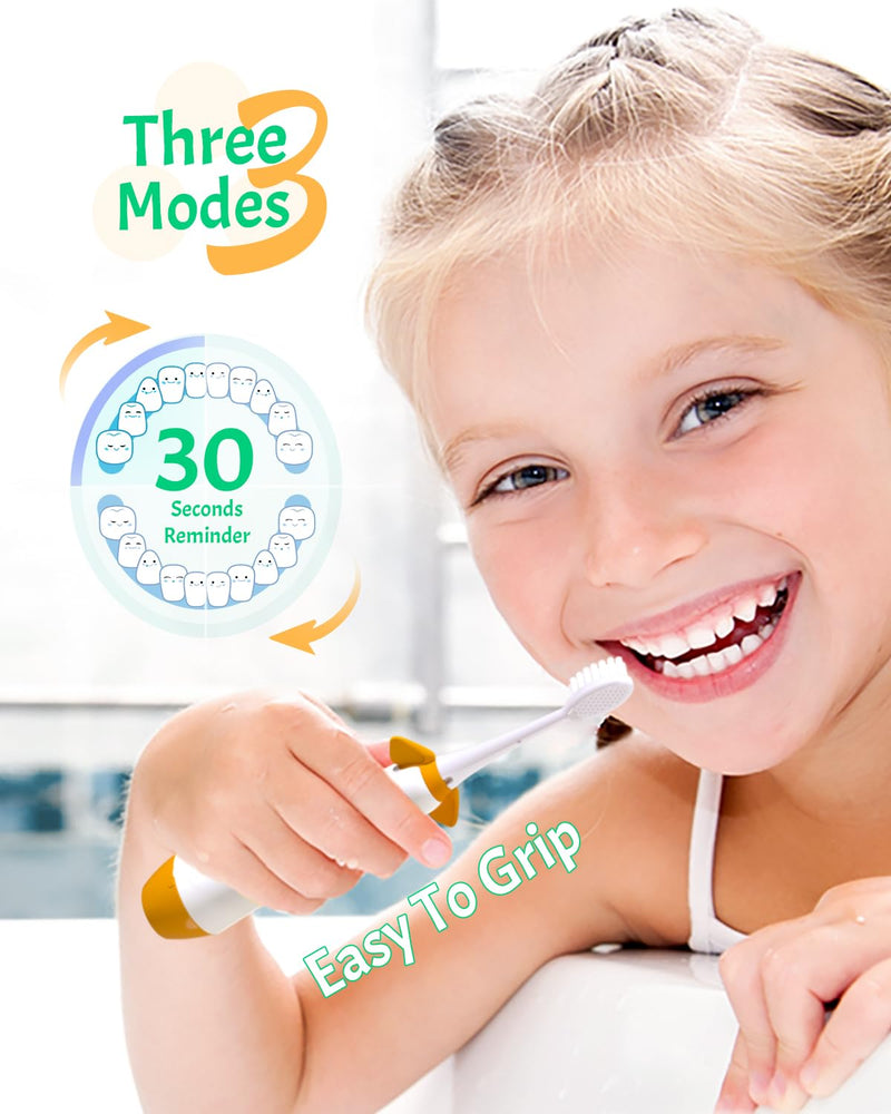 [Australia] - NELL&WELL [UPGRADE] Kids Electric Toothbrush with 2mins Brushing Timer, Battery Powered Toothbrushes with 3 Soft Bristles Heads for Children Boys and Girls Ages 3+, IPX7 Waterproof, BPA Free (Yellow) Yellow Dog 