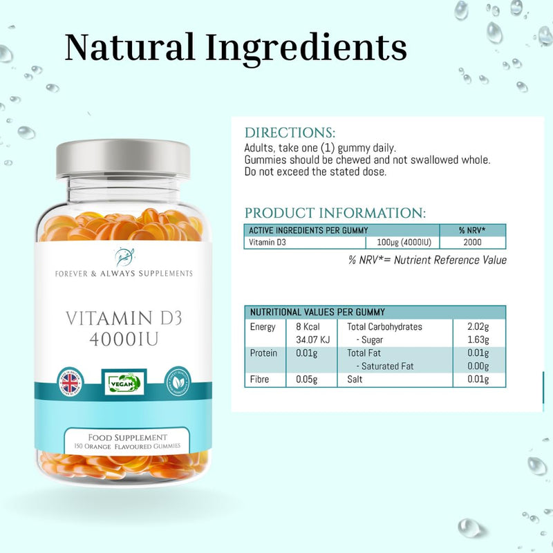 Vitamin D3 4000iu - High Strength 100μg - 5 Months Supply Orange Flavour Gummies - Vitamin D Supplement Teeth, Bone, Muscles & Immune System Support