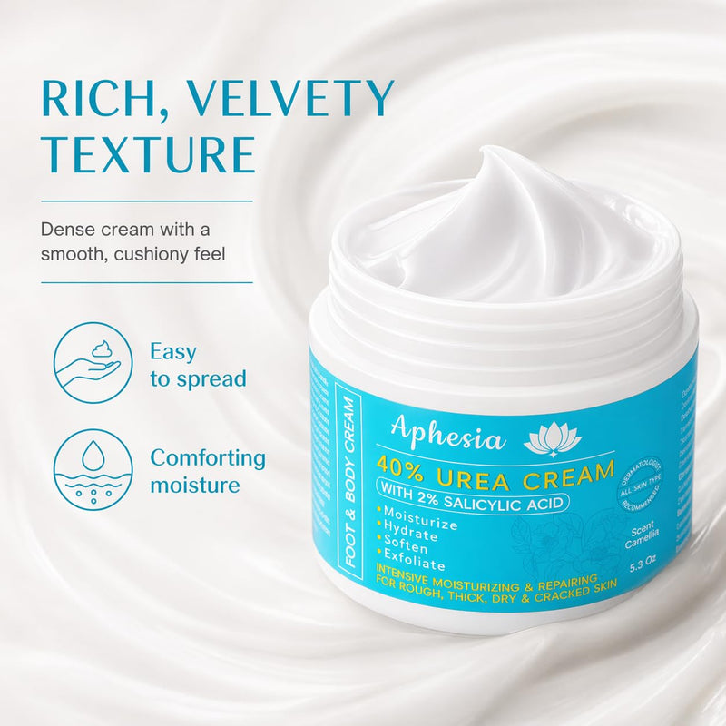 Urea Cream 40 Percent for Feet Maximum Strength w/ Vitamin E & 2% Salicylic Acid, Non-Greasy Formula Foot Cream for Summer Dry Cracked Heels - Intense Moisturizer Callus Remover for Hands, Foot, Body Camellia-Mild 5.3 Ounce (Pack of 1)