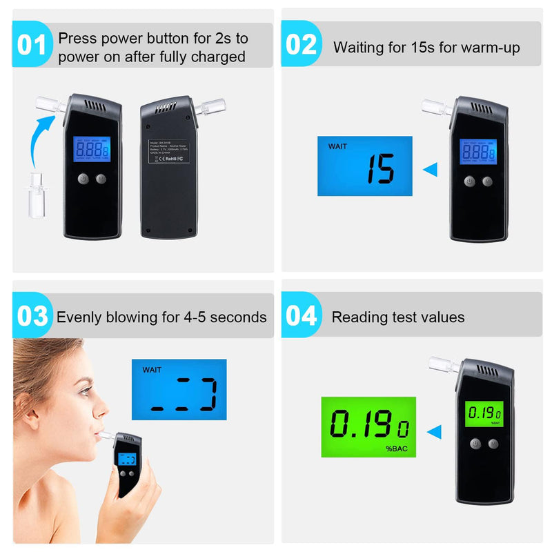Breathalyzer, Home Alcohol Tester with LCD Digital Display,Portable Breathalyzer for Personal & Party Use with 10 Replaceable Mouthpieces（Black)