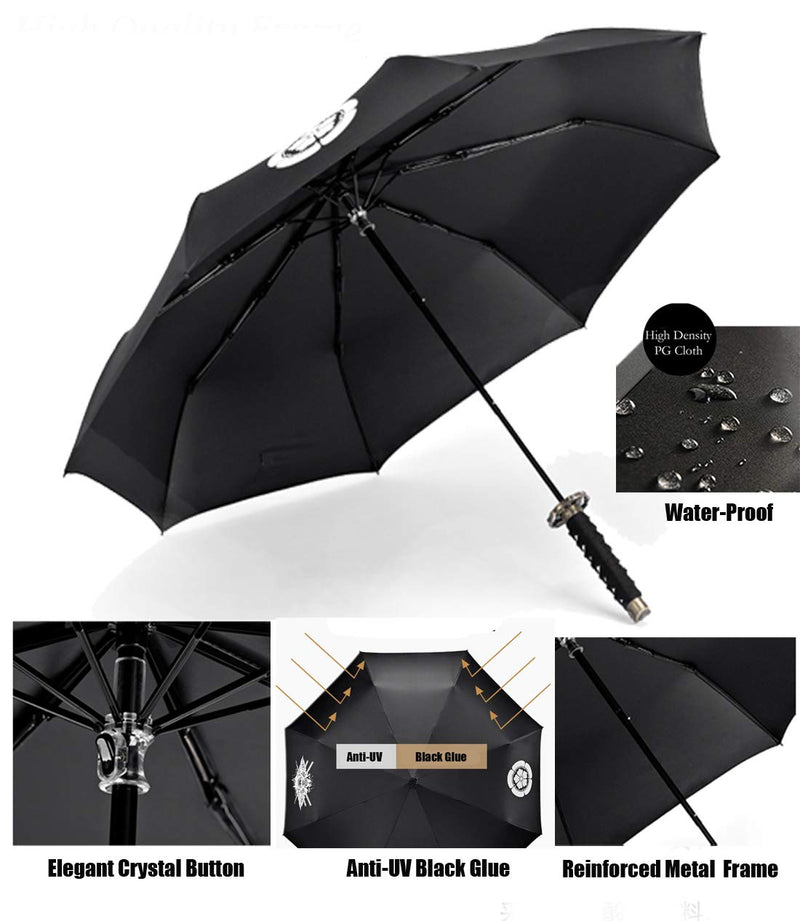 Cool Lemon Samurai Katana Master Sword Hilt Handle Folding Umbrella Anime Portable Travel Japanese Ninja Compact Umbrellas Windproof, Black Glue Anti UV, Business Birthday Gift for Men