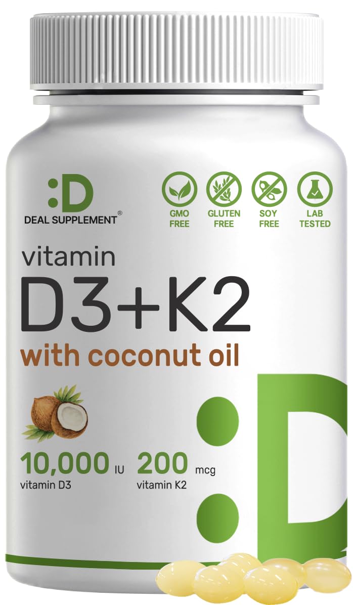 DEAL SUPPLEMENT Vitamin D3 10,000iu + K2 200mcg Softgels & Magnesium Complex Veggie Capsules Bundle – Essential Sunshine Vitamins with Coconut Oil – High Absorption Chelated Minerals, 10-in-1