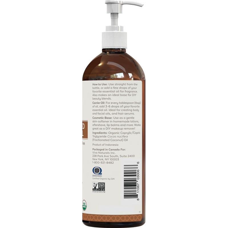 [Australia] - Viva Naturals Organic Fractionated Coconut Oil - Skin & Hair Moisturizer, Relaxing Massage and Body Oil, Carrier Oil for Essential Oils Mixing, Pure Non-Greasy Coconut Oil for Skin and Hair, 16 fl oz 