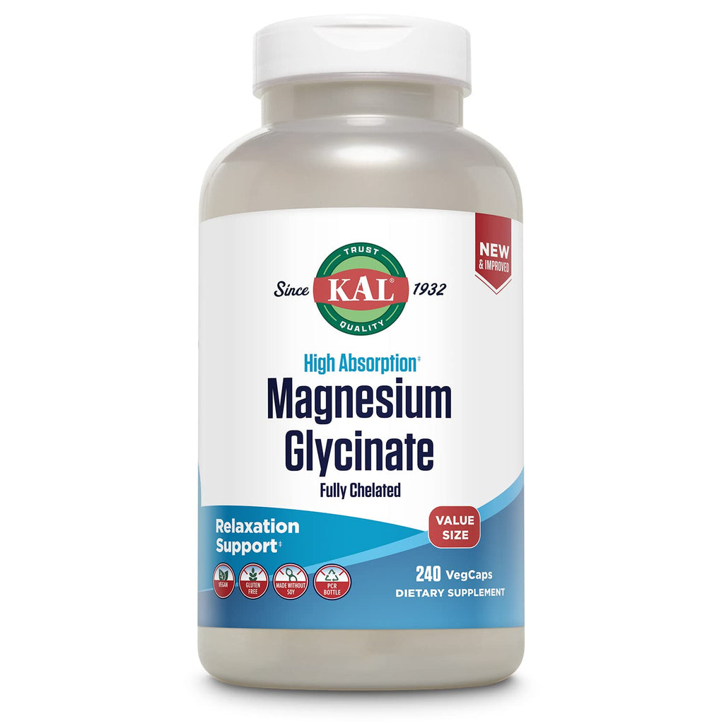 KAL Magnesium Glycinate, New & Improved Fully Chelated High Absorption Formula with BioPerine, Bisglycinate Chelate for Stress, Relaxation, Muscle & Bone Health Support, 60 Servings, 240 VegCaps 240 Count (Pack of 1)