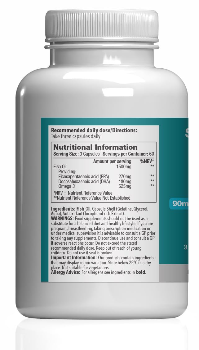 Omega 3 500mg | Supports Heart, Brain & Eye Health | Small, Easy-to-Swallow Softgel | Sustainably Sourced & Molecularly Distilled Fish Oil | 180 Softgel Capsules | UK-Made Unflavoured 180 count (Pack of 1)