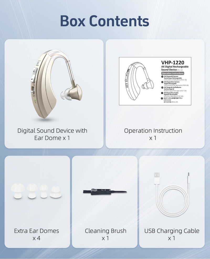 Rechargeable Sound Devices for Seniors, Noise Cancelling and Volume Adjustable, BTE Comfort Design Gold 1