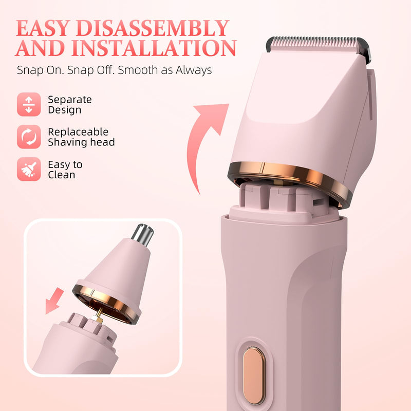 5-in-1 Bikini Trimmer for Women, IPX7 Waterproof Electric Razors Shaver, Cordless Body Hair Trimmer, Facial & Pubic Hair Removal, Ceramic Blade (Blush) A-pink