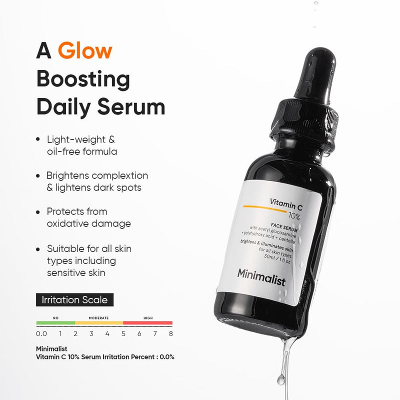 Minimalist 10% Advanced Vitamin C Serum for Glowing Skin | Brightening & Visible Reduces Dark Spots | For Uneven Skin Tone, Dullness | Daily Face Serum (Stable Vitamin C) | 30ml/1 FL Oz