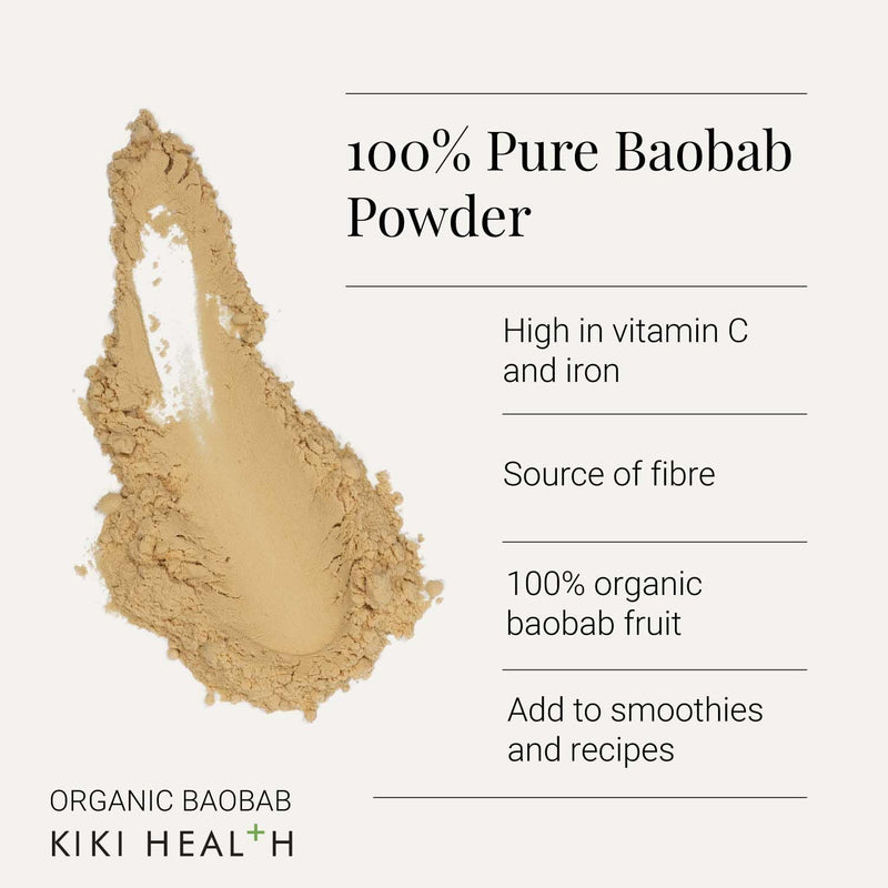 KIKI Health 100% Raw Organic Baobab Powder - Rich in Vitamin C, High Fibre & Antioxidants - Made in the UK, Vegan, Supports Healthy Skin, Digestion & Blood Sugar, Ideal for Smoothies & Juices -100 g