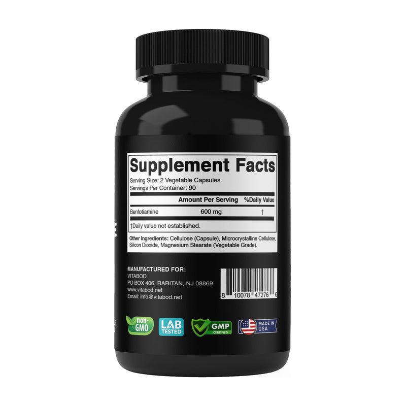 Vitabod Benfotiamine 600mg – 180 Vegetarian Capsules – Fat-Soluble Vitamin B1 Supplement