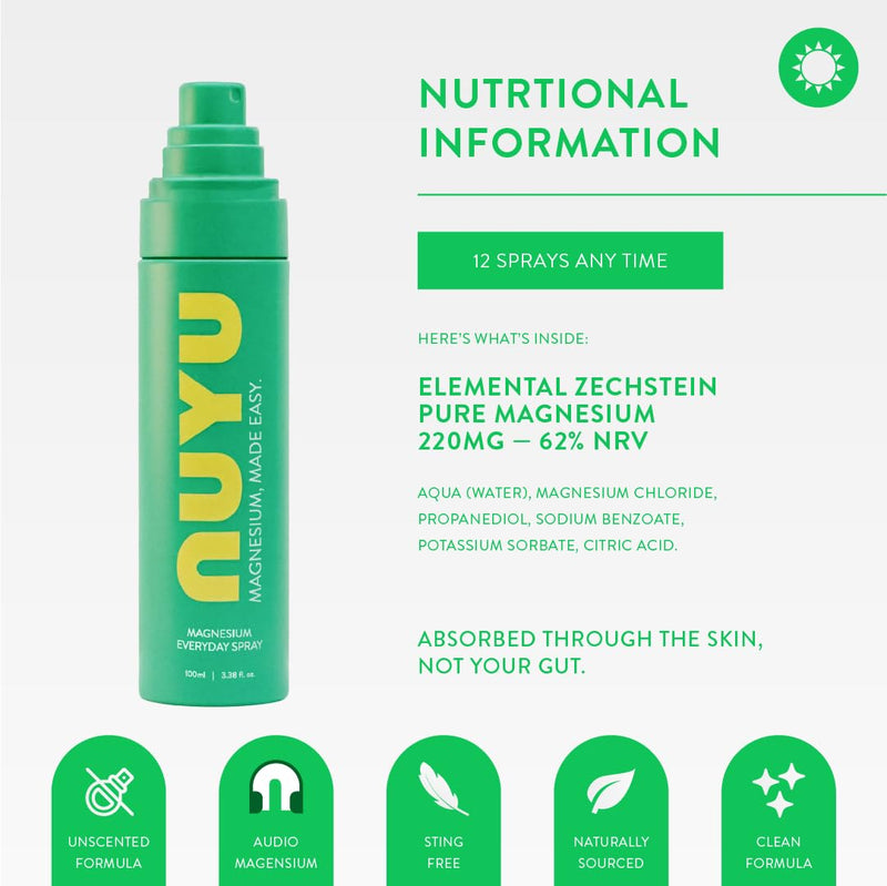 NUYU Magnesium Spray Everyday 100ml | Fast-Absorbing Magnesium Chloride | Includes Audio Magnesium™Ritual | 100% Vegan, Natural Sleep Aid, UK Made Everyday Spray